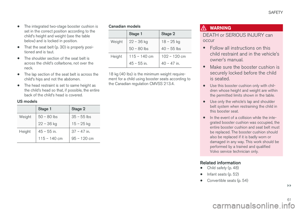 VOLVO V60 CROSS COUNTRY 2018 Owner´s Manual SAFETY
}}
61
•
The integrated two-stage booster cushion is set in the correct position according to thechild's height and weight (see the tablebelow) and is locked in position.
• That the seat VOLVO V60 CROSS COUNTRY 2018 Owner´s Manual SAFETY
}}
61
•
The integrated two-stage booster cushion is set in the correct position according to thechild's height and weight (see the tablebelow) and is locked in position.
• That the seat