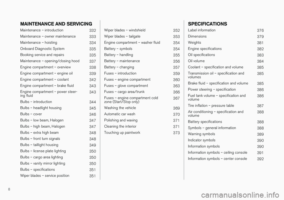 VOLVO V60 CROSS COUNTRY 2018  Owner´s Manual 8
MAINTENANCE AND SERVICING
Maintenance – introduction332
Maintenance – owner maintenance 333
Maintenance – hoisting 334
Onboard Diagnostic System 335
Booking service and repairs  335
Maintenanc