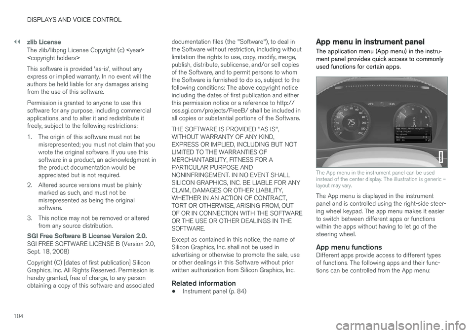 VOLVO V90 2018 Owner´s Manual ||
DISPLAYS AND VOICE CONTROL
104
zlib License
The zlib/libpng License Copyright (c) <year >
< copyright holders >
This software is provided 'as-is', without any express or implied warranty. I VOLVO V90 2018 Owner´s Manual ||
DISPLAYS AND VOICE CONTROL
104
zlib License
The zlib/libpng License Copyright (c) <year >
< copyright holders >
This software is provided 'as-is', without any express or implied warranty. I