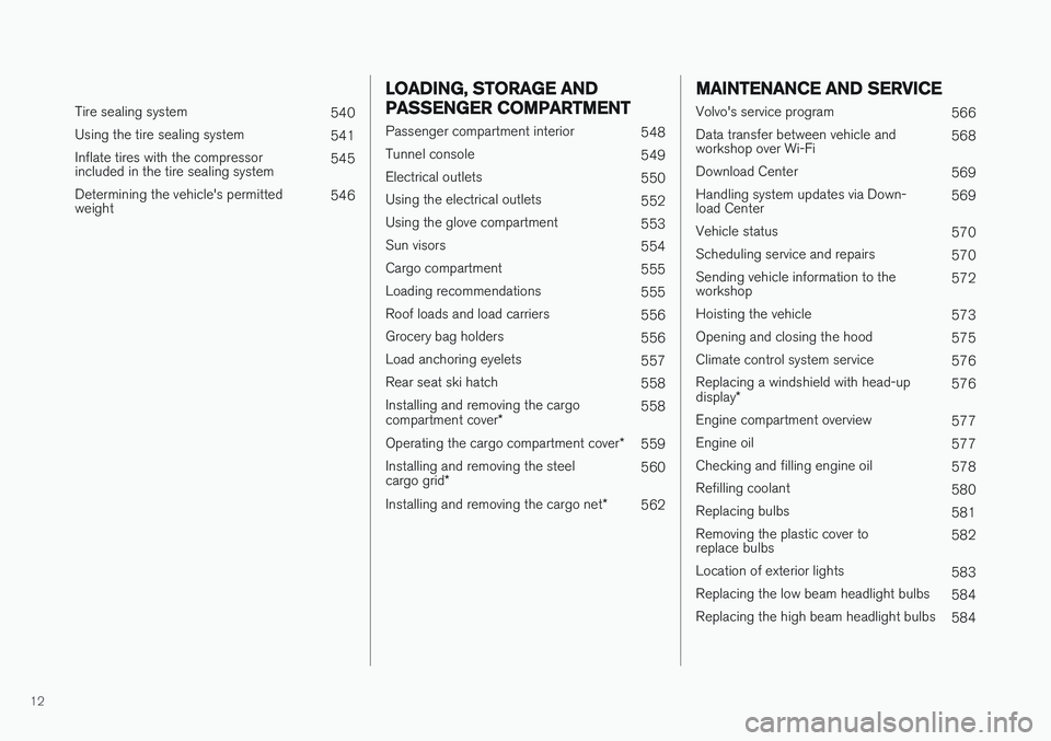 VOLVO V90 2018  Owner´s Manual 12
 
Tire sealing system540
Using the tire sealing system 541
Inflate tires with the compressor included in the tire sealing system 545
Determining the vehicle's permittedweight 546
LOADING, STORA