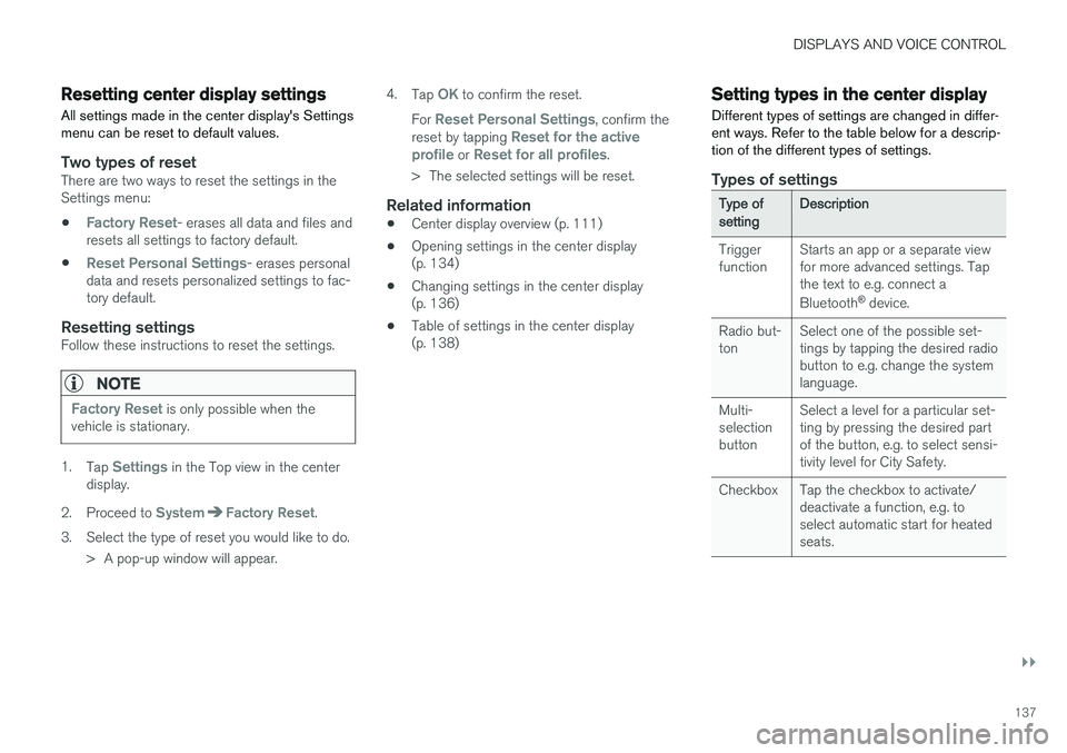 VOLVO V90 2018  Owner´s Manual DISPLAYS AND VOICE CONTROL
}}
137
Resetting center display settingsAll settings made in the center displays Settings menu can be reset to default values.
Two types of resetThere are two ways to reset