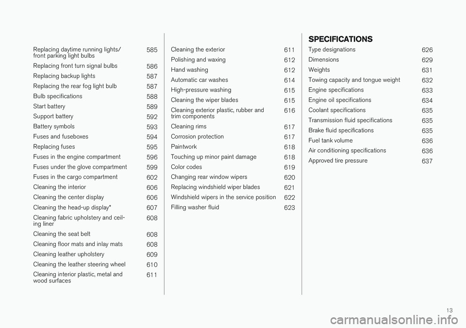 VOLVO V90 2018  Owner´s Manual 13
 
Replacing daytime running lights/ front parking light bulbs585
Replacing front turn signal bulbs 586
Replacing backup lights 587
Replacing the rear fog light bulb 587
Bulb specifications 588
Star