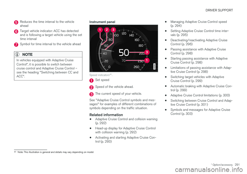 VOLVO V90 2018 Owner´s Manual DRIVER SUPPORT
* Option/accessory.291
Reduces the time interval to the vehicle ahead
Target vehicle indicator: ACC has detected and is following a target vehicle using the settime interval
Symbol for VOLVO V90 2018 Owner´s Manual DRIVER SUPPORT
* Option/accessory.291
Reduces the time interval to the vehicle ahead
Target vehicle indicator: ACC has detected and is following a target vehicle using the settime interval
Symbol for