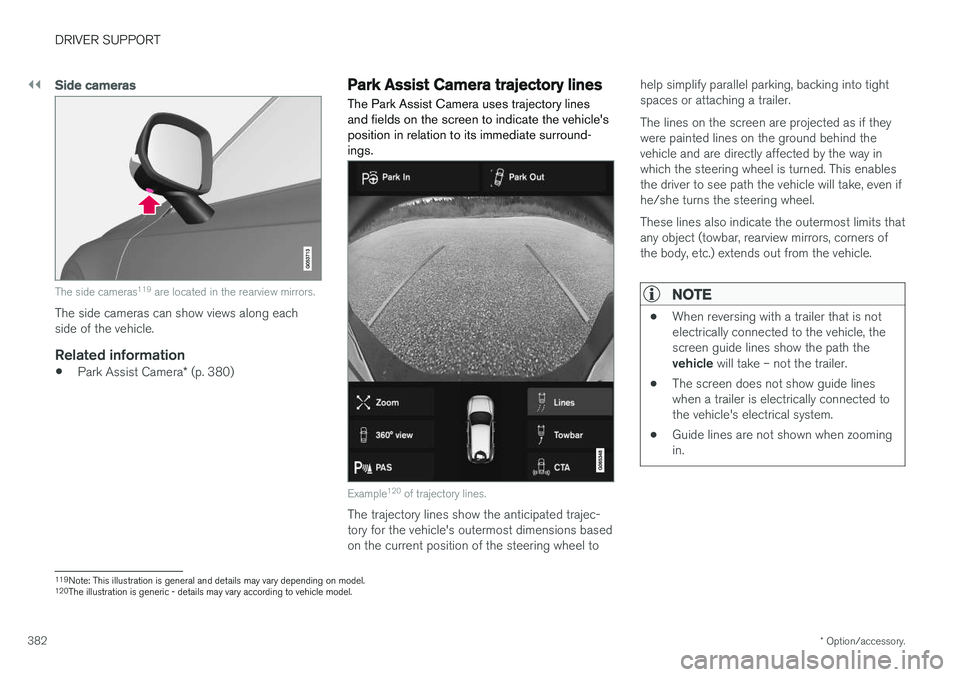 VOLVO V90 2018 Owner´s Manual ||
DRIVER SUPPORT
* Option/accessory.
382
Side cameras
The side cameras 119
are located in the rearview mirrors.
The side cameras can show views along each side of the vehicle.
Related information
†VOLVO V90 2018 Owner´s Manual ||
DRIVER SUPPORT
* Option/accessory.
382
Side cameras
The side cameras 119
are located in the rearview mirrors.
The side cameras can show views along each side of the vehicle.
Related information
â€