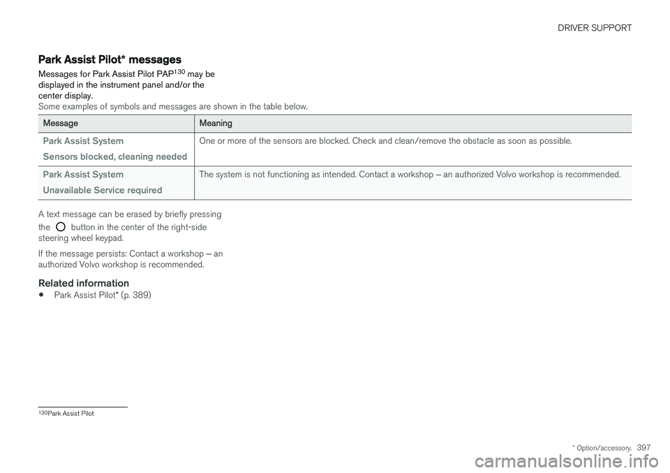 VOLVO V90 2018 Owner´s Manual DRIVER SUPPORT
* Option/accessory.397
Park Assist Pilot * messages
Messages for Park Assist Pilot PAP 130
may be
displayed in the instrument panel and/or the center display.
Some examples of symbols VOLVO V90 2018 Owner´s Manual DRIVER SUPPORT
* Option/accessory.397
Park Assist Pilot * messages
Messages for Park Assist Pilot PAP 130
may be
displayed in the instrument panel and/or the center display.
Some examples of symbols
