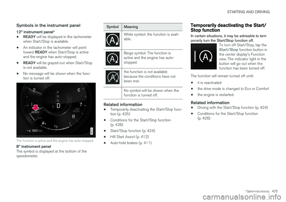 VOLVO V90 2018 Owner´s Manual STARTING AND DRIVING
* Option/accessory.425
Symbols in the instrument panel
12" instrument panel *
•READY
will be displayed in the tachometer
when Start/Stop is available.
• An indicator in t VOLVO V90 2018 Owner´s Manual STARTING AND DRIVING
* Option/accessory.425
Symbols in the instrument panel
12" instrument panel *
•READY
will be displayed in the tachometer
when Start/Stop is available.
• An indicator in t