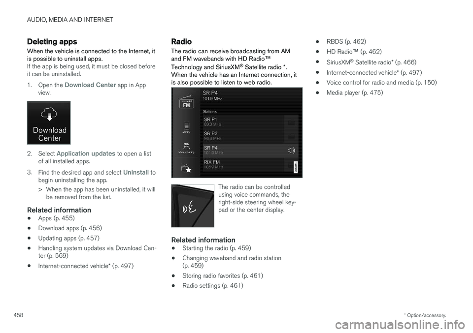 VOLVO V90 2018 Owner´s Manual AUDIO, MEDIA AND INTERNET
* Option/accessory.
458
Deleting apps
When the vehicle is connected to the Internet, it is possible to uninstall apps.
If the app is being used, it must be closed before it c VOLVO V90 2018 Owner´s Manual AUDIO, MEDIA AND INTERNET
* Option/accessory.
458
Deleting apps
When the vehicle is connected to the Internet, it is possible to uninstall apps.
If the app is being used, it must be closed before it c