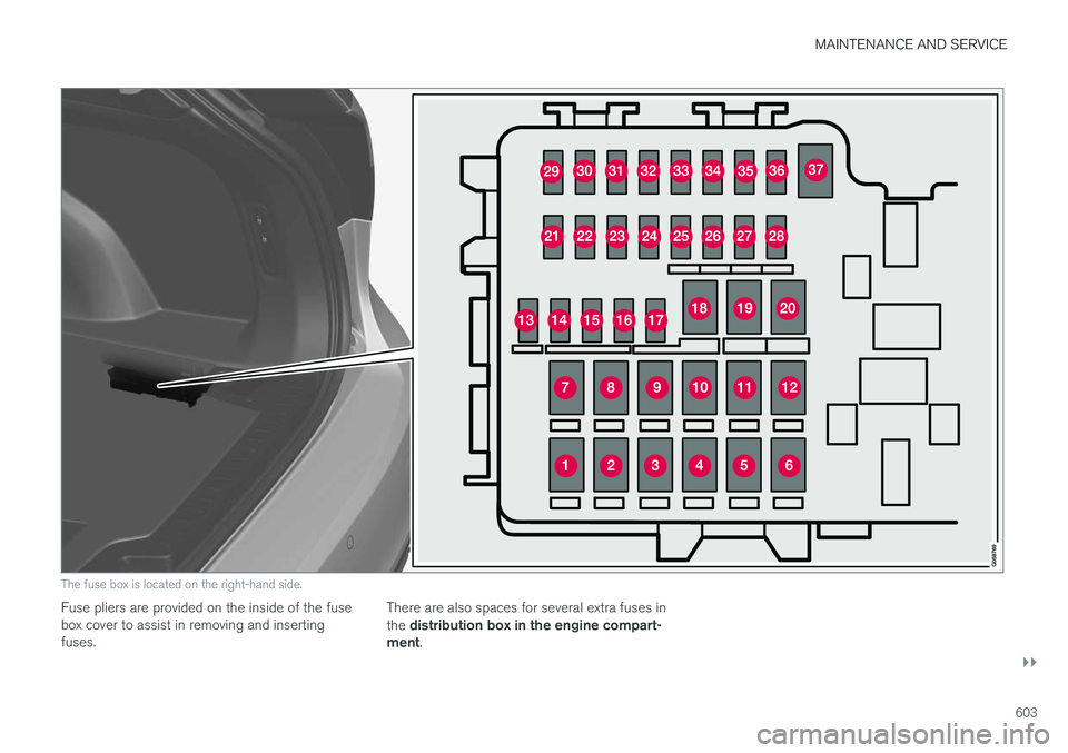 VOLVO V90 2018 Owner´s Manual MAINTENANCE AND SERVICE
}}
603
The fuse box is located on the right-hand side.
Fuse pliers are provided on the inside of the fuse box cover to assist in removing and insertingfuses.There are also spac VOLVO V90 2018 Owner´s Manual MAINTENANCE AND SERVICE
}}
603
The fuse box is located on the right-hand side.
Fuse pliers are provided on the inside of the fuse box cover to assist in removing and insertingfuses.There are also spac