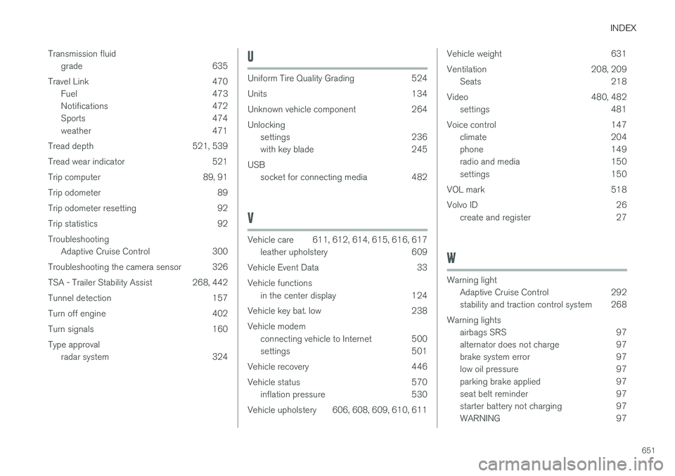 VOLVO V90 2018 Owner´s Manual INDEX
651
Transmission fluid
grade 635
Travel Link 470 Fuel 473
Notifications 472
Sports 474
weather 471
Tread depth 521, 539
Tread wear indicator 521
Trip computer 89, 91
Trip odometer 89
Trip odo VOLVO V90 2018 Owner´s Manual INDEX
651
Transmission fluid
grade 635
Travel Link 470 Fuel 473
Notifications 472
Sports 474
weather 471
Tread depth 521, 539
Tread wear indicator 521
Trip computer 89, 91
Trip odometer 89
Trip odo