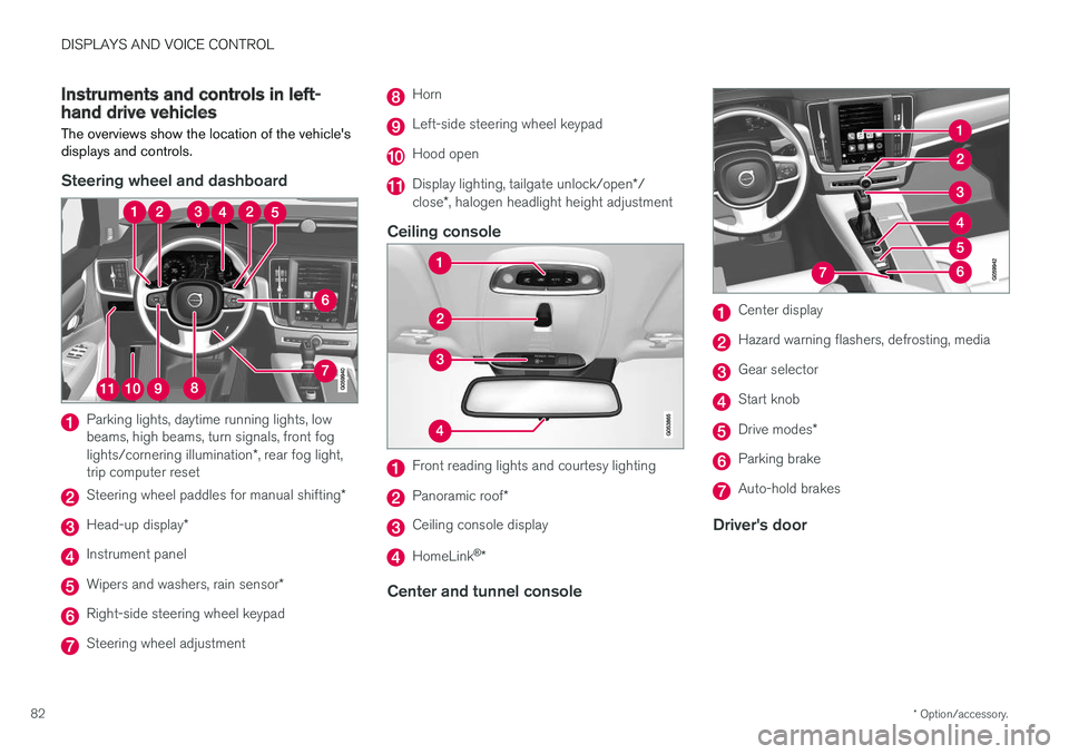 VOLVO V90 2018 Owner´s Manual DISPLAYS AND VOICE CONTROL
* Option/accessory.
82
Instruments and controls in left-hand drive vehicles
The overviews show the location of the vehicles
displays and controls.
Steering wheel and dashbo VOLVO V90 2018 Owner´s Manual DISPLAYS AND VOICE CONTROL
* Option/accessory.
82
Instruments and controls in left-hand drive vehicles
The overviews show the location of the vehicles
displays and controls.
Steering wheel and dashbo