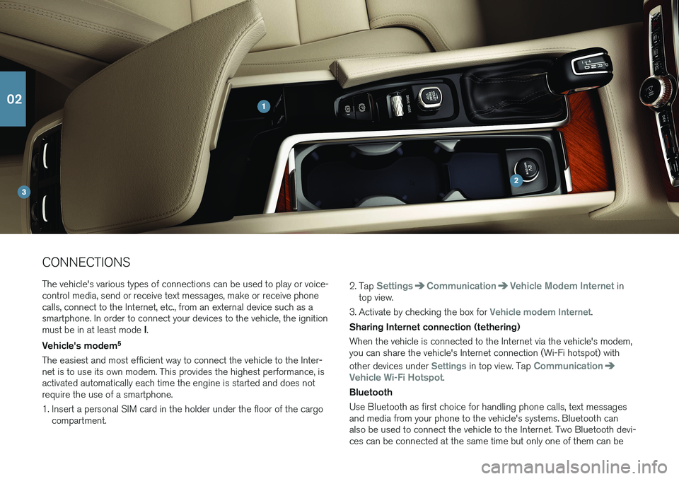 VOLVO V90 2018 Quick Guide CONNECTIONS The vehicle's various types of connections can be used to play or voice- control media, send or receive text messages, make or receive phonecalls, connect to the Internet, etc., from a VOLVO V90 2018 Quick Guide CONNECTIONS The vehicle's various types of connections can be used to play or voice- control media, send or receive text messages, make or receive phonecalls, connect to the Internet, etc., from a
