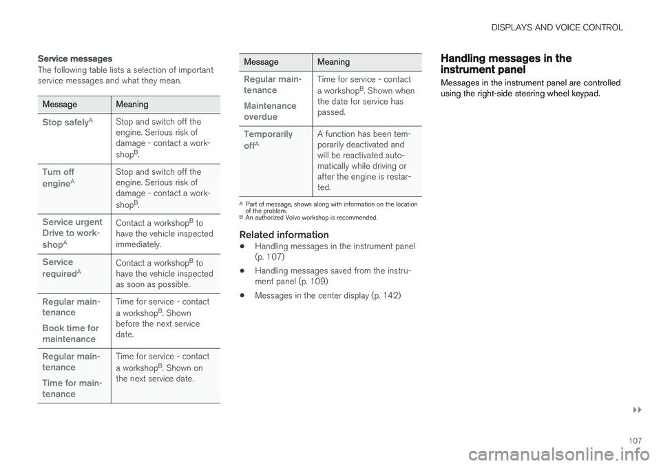 VOLVO V90 CROSS COUNTRY 2018  Owner´s Manual DISPLAYS AND VOICE CONTROL
}}
107
Service messages
The following table lists a selection of important service messages and what they mean.
MessageMeaning
Stop safelyAStop and switch off the engine. Se VOLVO V90 CROSS COUNTRY 2018  Owner´s Manual DISPLAYS AND VOICE CONTROL
}}
107
Service messages
The following table lists a selection of important service messages and what they mean.
MessageMeaning
Stop safelyAStop and switch off the engine. Se
