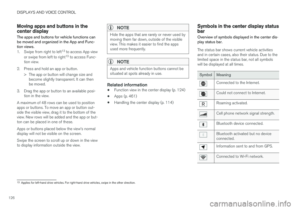 VOLVO V90 CROSS COUNTRY 2018  Owner´s Manual DISPLAYS AND VOICE CONTROL
126
Moving apps and buttons in thecenter display
The apps and buttons for vehicle functions can be moved and organized in the App and Func-tion views.
1. Swipe from right to