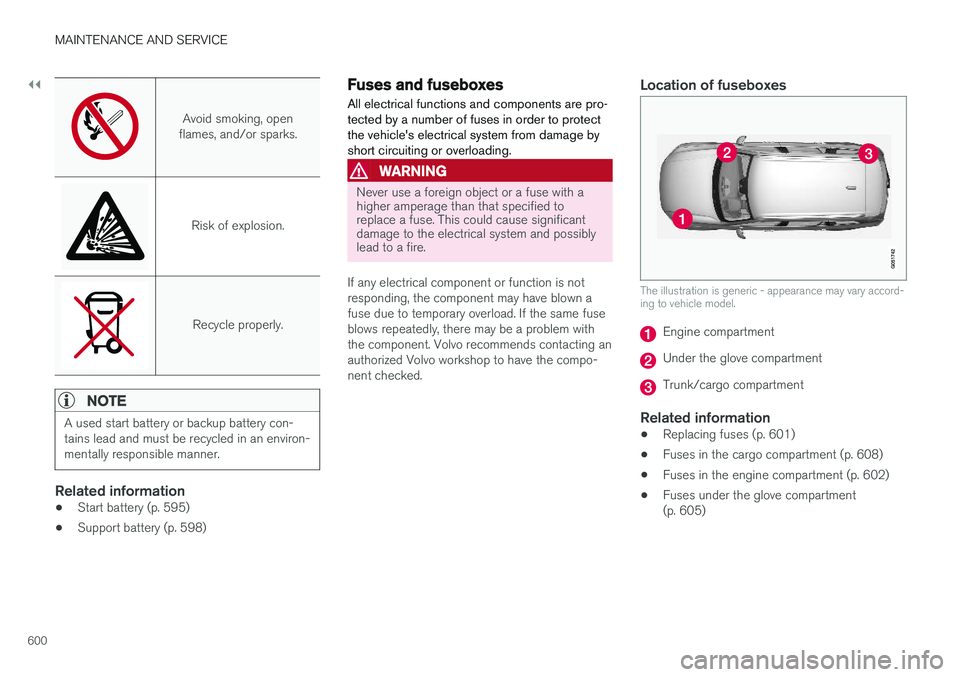 VOLVO V90 CROSS COUNTRY 2018 Owner´s Manual ||
MAINTENANCE AND SERVICE
600
Avoid smoking, open
flames, and/or sparks.
Risk of explosion.
Recycle properly.
NOTE
A used start battery or backup battery con- tains lead and must be recycled in an en VOLVO V90 CROSS COUNTRY 2018 Owner´s Manual ||
MAINTENANCE AND SERVICE
600
Avoid smoking, open
flames, and/or sparks.
Risk of explosion.
Recycle properly.
NOTE
A used start battery or backup battery con- tains lead and must be recycled in an en