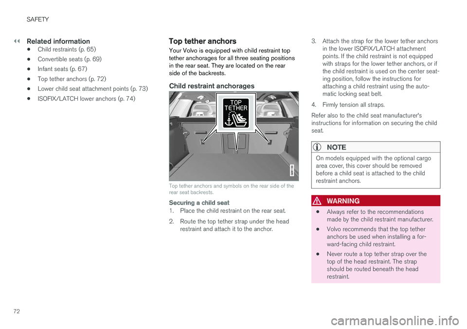 VOLVO V90 CROSS COUNTRY 2018  Owner´s Manual ||
SAFETY
72
Related information
•Child restraints (p. 65)
• Convertible seats (p. 69)
• Infant seats (p. 67)
• Top tether anchors (p. 72)
• Lower child seat attachment points (p. 73)
• IS