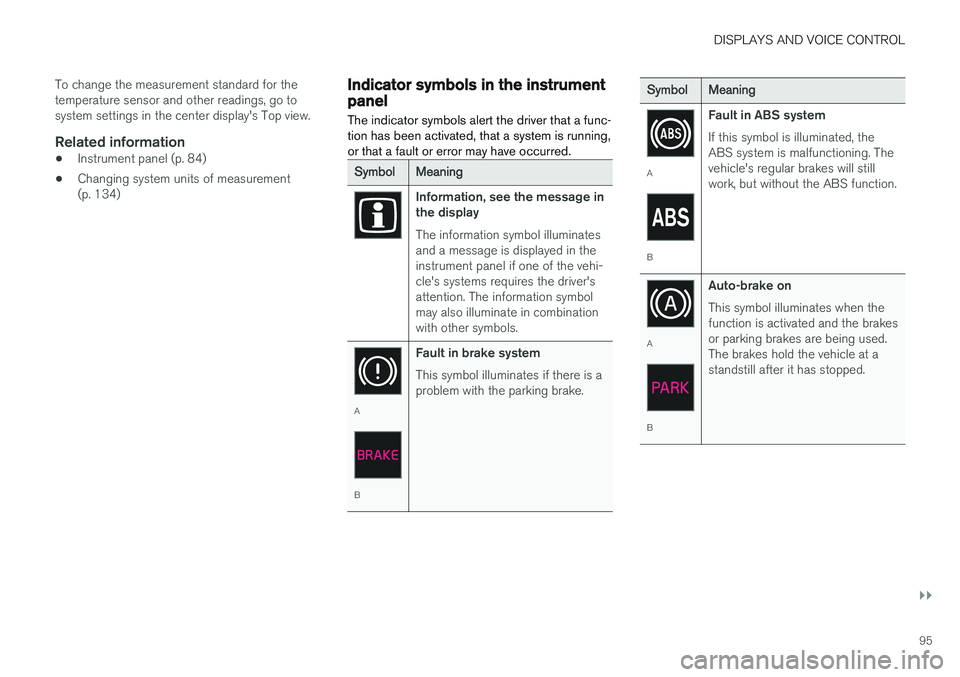 VOLVO V90 CROSS COUNTRY 2018  Owner´s Manual DISPLAYS AND VOICE CONTROL
}}
95
To change the measurement standard for the temperature sensor and other readings, go tosystem settings in the center display's Top view.
Related information
•
In VOLVO V90 CROSS COUNTRY 2018  Owner´s Manual DISPLAYS AND VOICE CONTROL
}}
95
To change the measurement standard for the temperature sensor and other readings, go tosystem settings in the center display's Top view.
Related information
•
In