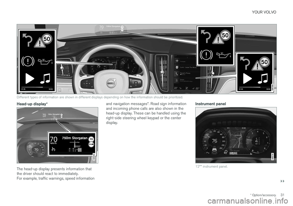 VOLVO XC60 2018  Owner´s Manual YOUR VOLVO
}}
* Option/accessory.31
Different types of information are shown in different displays depending on how the information should be prioritized.
Head-up display*
The head-up display presents