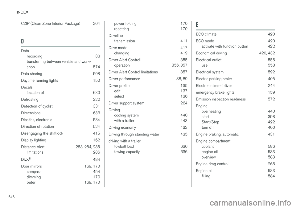 VOLVO XC60 2018  Owner´s Manual INDEX
646CZIP (Clean Zone Interior Package) 204
D
Data
recording 33 transferring between vehicle and work-
shop 574
Data sharing 508 
Daytime running lights 152Decals location of 630
Defrosting 220
De