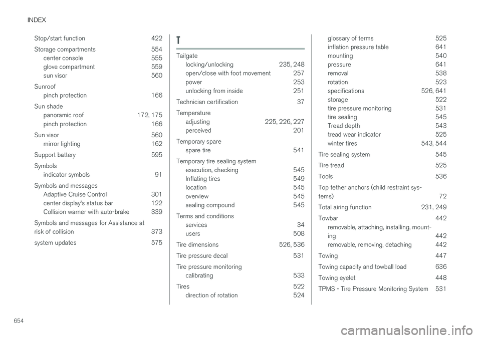 VOLVO XC60 2018  Owner´s Manual INDEX
654Stop/start function 422 
Storage compartments 554
center console 555 
glove compartment 559
sun visor 560
Sunroof pinch protection 166
Sun shade panoramic roof 172, 175
pinch protection 166
S