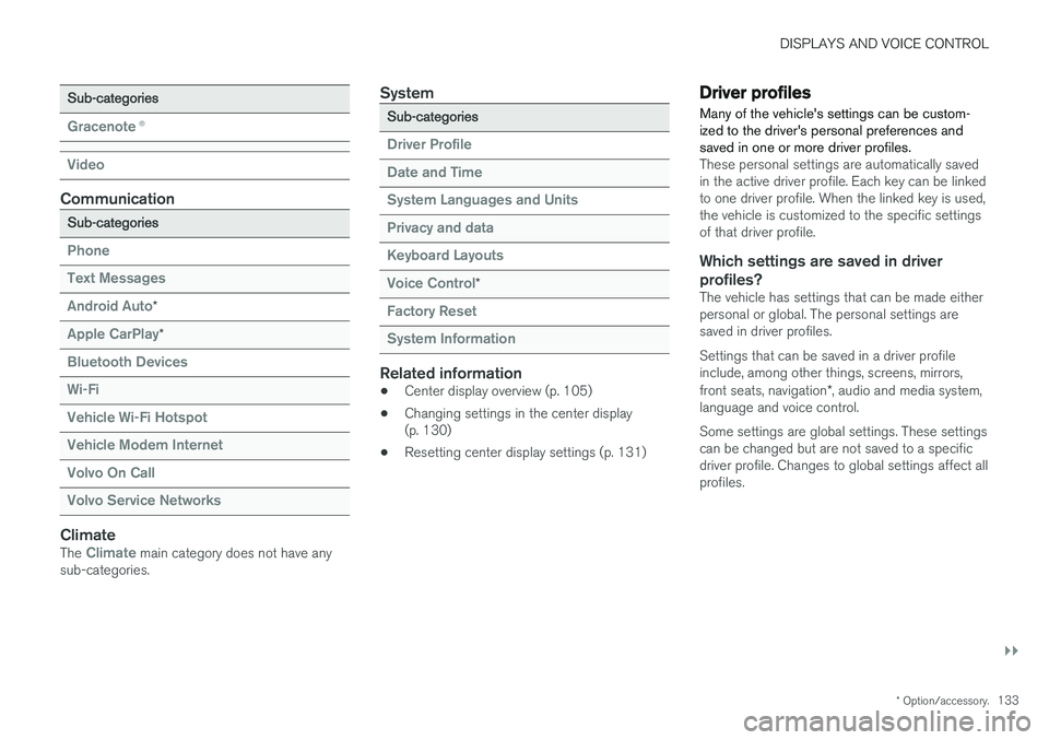 VOLVO XC60 T8 2018  Owner´s Manual DISPLAYS AND VOICE CONTROL
}}
* Option/accessory.133
Sub-categories
Gracenote®
Video
Communication
Sub-categories
Phone Text Messages Android Auto
*
Apple CarPlay*
Bluetooth Devices Wi-FiVehicle Wi-F