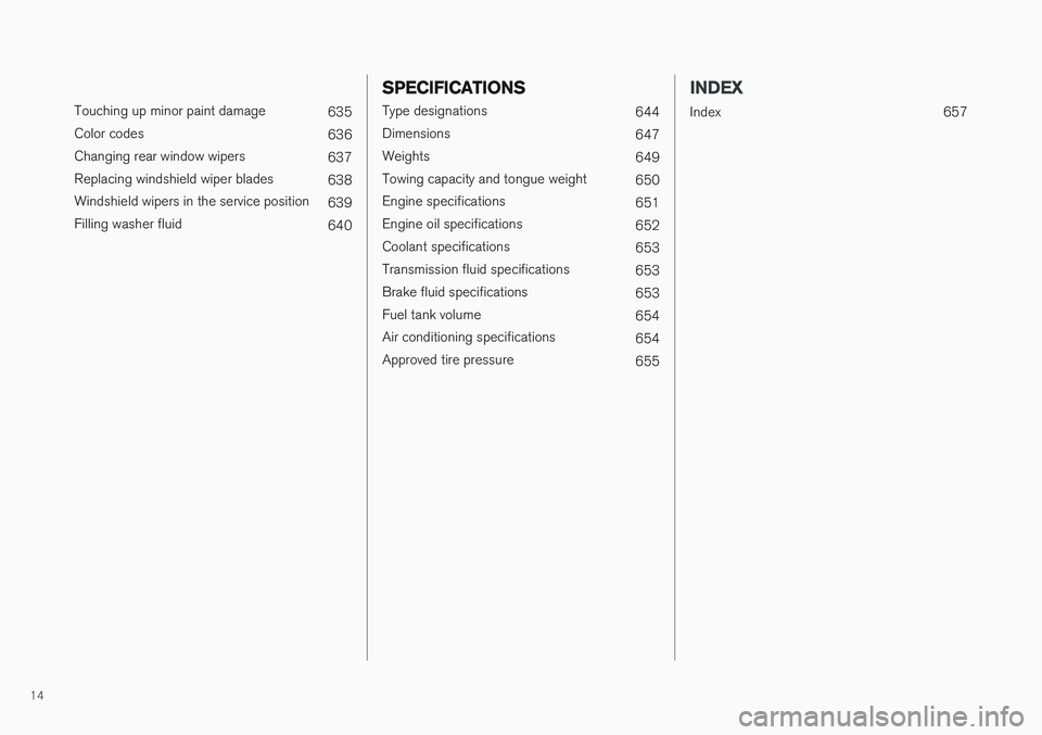 VOLVO XC60 T8 2018  Owner´s Manual 14
 
Touching up minor paint damage635
Color codes 636
Changing rear window wipers 637
Replacing windshield wiper blades 638
Windshield wipers in the service position 639
Filling washer fluid 640
SPEC