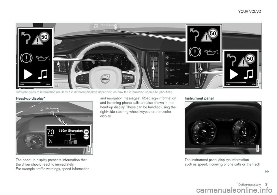 VOLVO XC60 T8 2018 Owner´s Manual YOUR VOLVO
}}
* Option/accessory.31
Different types of information are shown in different displays depending on how the information should be prioritized.
Head-up display*
The head-up display presents VOLVO XC60 T8 2018 Owner´s Manual YOUR VOLVO
}}
* Option/accessory.31
Different types of information are shown in different displays depending on how the information should be prioritized.
Head-up display*
The head-up display presents
