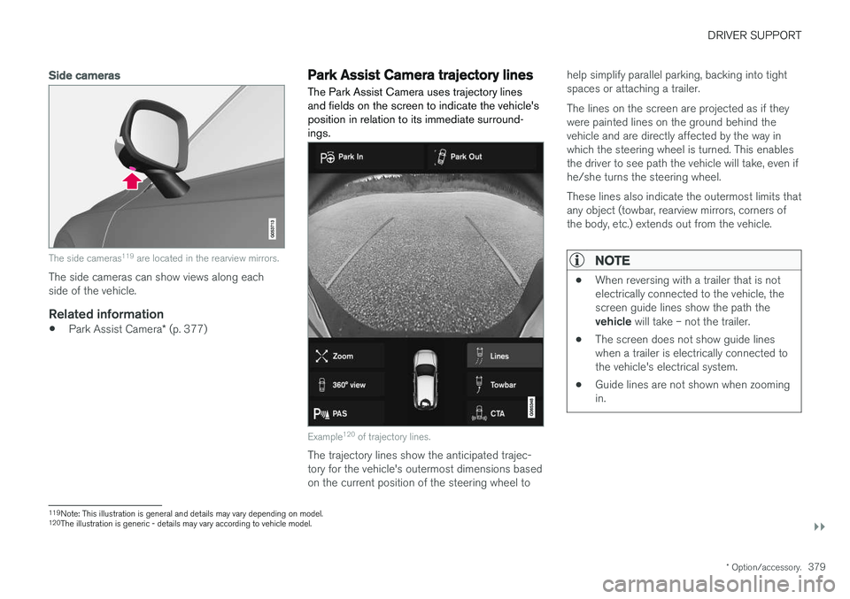 VOLVO XC60 T8 2018  Owner´s Manual DRIVER SUPPORT
}}
* Option/accessory.379
Side cameras
The side cameras119
 are located in the rearview mirrors.
The side cameras can show views along each side of the vehicle.
Related information
• 
