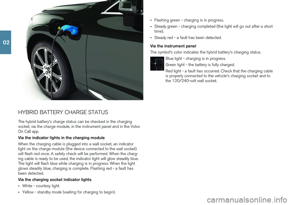 VOLVO XC60 T8 2018 Quick Guide HYBRID BATTERY CHARGE STATUS The hybrid battery's charge status can be checked in the charging socket, via the charge module, in the instrument panel and in the Volvo On Call app. Via the indicato VOLVO XC60 T8 2018 Quick Guide HYBRID BATTERY CHARGE STATUS The hybrid battery's charge status can be checked in the charging socket, via the charge module, in the instrument panel and in the Volvo On Call app. Via the indicato