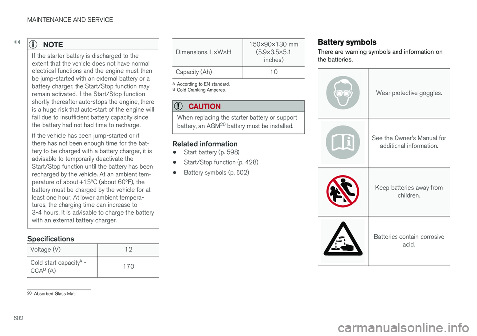VOLVO XC90 2018  Owner´s Manual ||
MAINTENANCE AND SERVICE
602
NOTE
If the starter battery is discharged to the extent that the vehicle does not have normalelectrical functions and the engine must thenbe jump-started with an externa