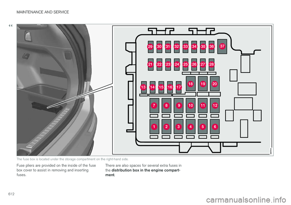 VOLVO XC90 2018 Owner´s Manual ||
MAINTENANCE AND SERVICE
612
The fuse box is located under the storage compartment on the right-hand side.
Fuse pliers are provided on the inside of the fuse box cover to assist in removing and inse VOLVO XC90 2018 Owner´s Manual ||
MAINTENANCE AND SERVICE
612
The fuse box is located under the storage compartment on the right-hand side.
Fuse pliers are provided on the inside of the fuse box cover to assist in removing and inse