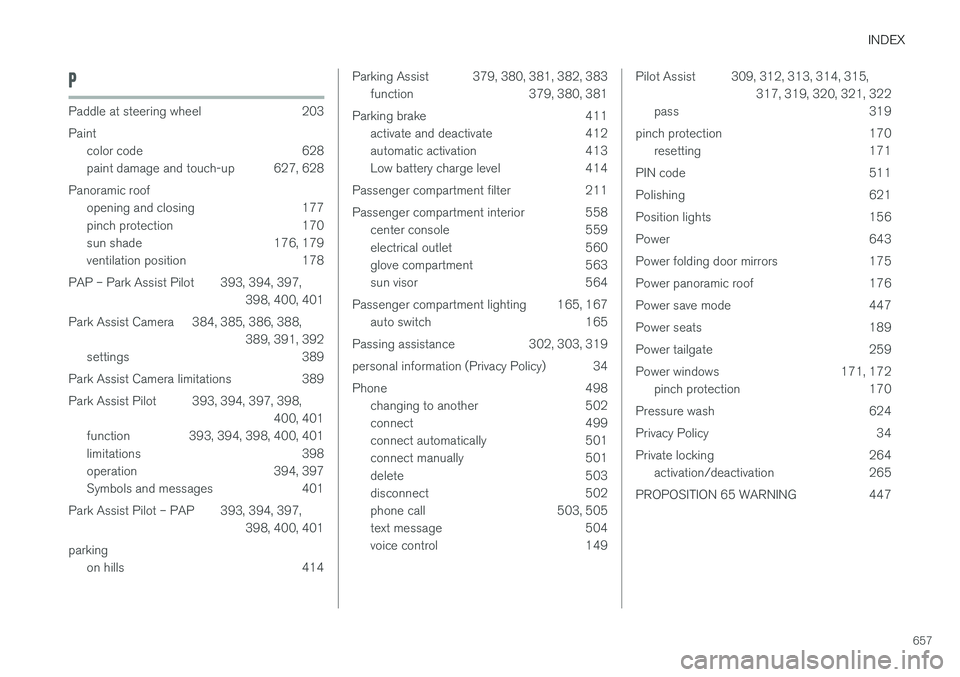 VOLVO XC90 2018  Owner´s Manual INDEX
657
P
Paddle at steering wheel 203 Paintcolor code 628 
paint damage and touch-up 627, 628
Panoramic roof opening and closing 177
pinch protection 170
sun shade 176, 179
ventilation position 178