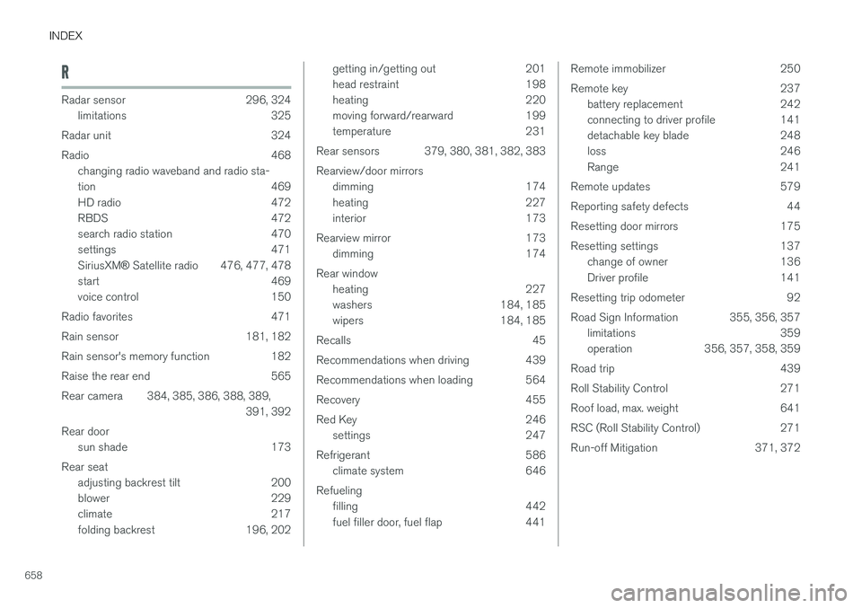 VOLVO XC90 2018  Owner´s Manual INDEX
658
R
Radar sensor 296, 324limitations 325
Radar unit 324 
Radio 468 changing radio waveband and radio sta- 
tion 469
HD radio 472
RBDS 472
search radio station 470 
settings 471 SiriusXM ®
 Sa