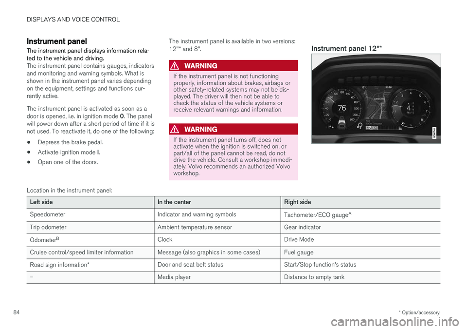 VOLVO XC90 2018 Owner´s Manual DISPLAYS AND VOICE CONTROL
* Option/accessory.
84
Instrument panel
The instrument panel displays information rela- ted to the vehicle and driving.
The instrument panel contains gauges, indicators and VOLVO XC90 2018 Owner´s Manual DISPLAYS AND VOICE CONTROL
* Option/accessory.
84
Instrument panel
The instrument panel displays information rela- ted to the vehicle and driving.
The instrument panel contains gauges, indicators and