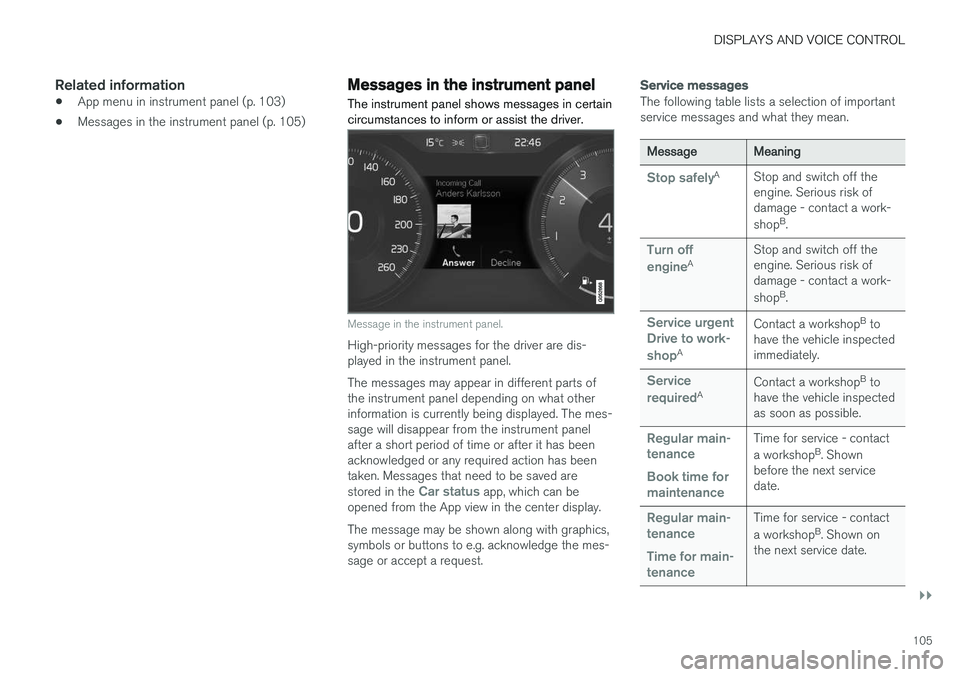 VOLVO XC90 T8 2018 Owner´s Manual DISPLAYS AND VOICE CONTROL
}}
105
Related information
•App menu in instrument panel (p. 103)
• Messages in the instrument panel (p. 105)
Messages in the instrument panel
The instrument panel shows VOLVO XC90 T8 2018 Owner´s Manual DISPLAYS AND VOICE CONTROL
}}
105
Related information
•App menu in instrument panel (p. 103)
• Messages in the instrument panel (p. 105)
Messages in the instrument panel
The instrument panel shows