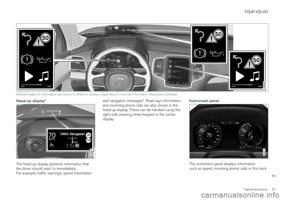 VOLVO XC90 T8 2018  Owner´s Manual YOUR VOLVO
}}
* Option/accessory.31
Different types of information are shown in different displays depending on how the information should be prioritized.
Head-up display*
The head-up display presents