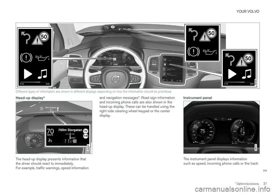 VOLVO XC90 T8 2018 Owner´s Manual YOUR VOLVO
}}
* Option/accessory.31
Different types of information are shown in different displays depending on how the information should be prioritized.
Head-up display*
The head-up display presents VOLVO XC90 T8 2018 Owner´s Manual YOUR VOLVO
}}
* Option/accessory.31
Different types of information are shown in different displays depending on how the information should be prioritized.
Head-up display*
The head-up display presents