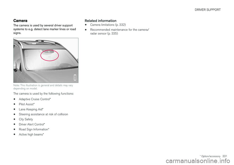 VOLVO XC90 T8 2018 Owner´s Manual DRIVER SUPPORT
* Option/accessory.331
Camera
The camera is used by several driver support systems to e.g. detect lane marker lines or roadsigns.
Note: This illustration is general and details may vary VOLVO XC90 T8 2018 Owner´s Manual DRIVER SUPPORT
* Option/accessory.331
Camera
The camera is used by several driver support systems to e.g. detect lane marker lines or roadsigns.
Note: This illustration is general and details may vary
