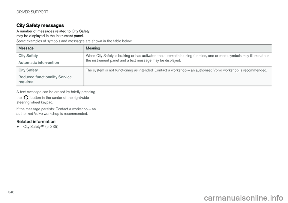 VOLVO XC90 T8 2018 Owner´s Manual DRIVER SUPPORT
346
City Safety messages A number of messages related to City Safety may be displayed in the instrument panel.
Some examples of symbols and messages are shown in the table below.
Messag VOLVO XC90 T8 2018 Owner´s Manual DRIVER SUPPORT
346
City Safety messages A number of messages related to City Safety may be displayed in the instrument panel.
Some examples of symbols and messages are shown in the table below.
Messag