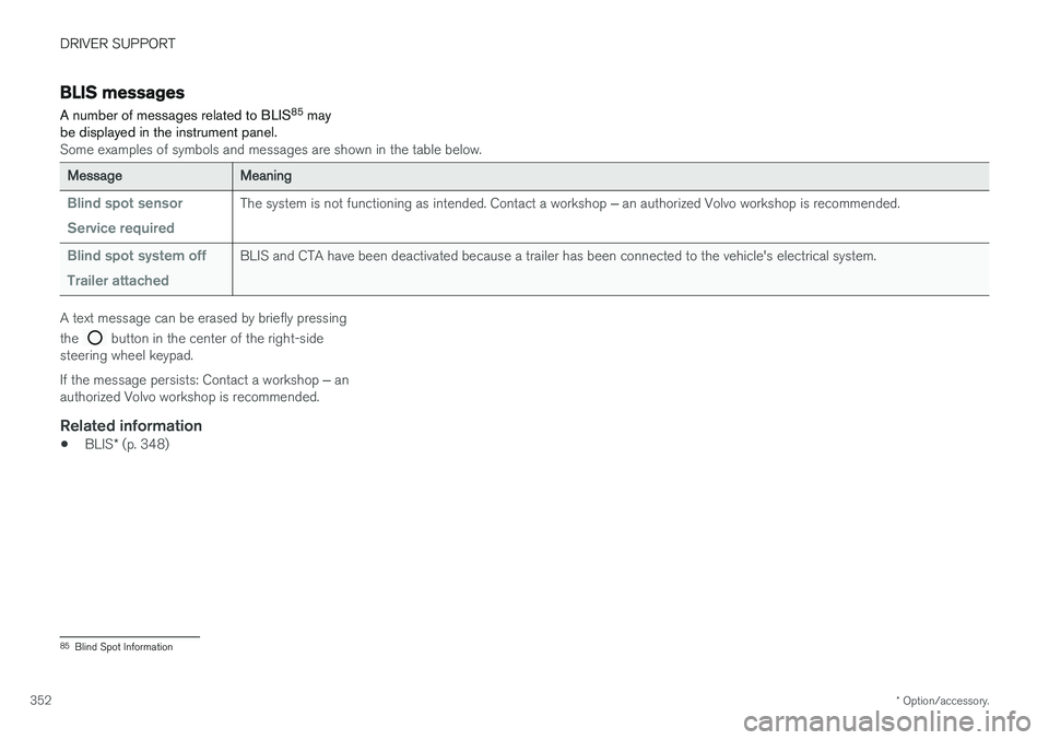 VOLVO XC90 T8 2018 Owner´s Manual DRIVER SUPPORT
* Option/accessory.
352
BLIS messages
A number of messages related to BLIS 85
may
be displayed in the instrument panel.
Some examples of symbols and messages are shown in the table bel VOLVO XC90 T8 2018 Owner´s Manual DRIVER SUPPORT
* Option/accessory.
352
BLIS messages
A number of messages related to BLIS 85
may
be displayed in the instrument panel.
Some examples of symbols and messages are shown in the table bel