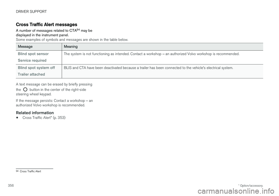 VOLVO XC90 T8 2018 Owner´s Manual DRIVER SUPPORT
* Option/accessory.
356
Cross Traffic Alert messages
A number of messages related to CTA 94
may be
displayed in the instrument panel.
Some examples of symbols and messages are shown in VOLVO XC90 T8 2018 Owner´s Manual DRIVER SUPPORT
* Option/accessory.
356
Cross Traffic Alert messages
A number of messages related to CTA 94
may be
displayed in the instrument panel.
Some examples of symbols and messages are shown in