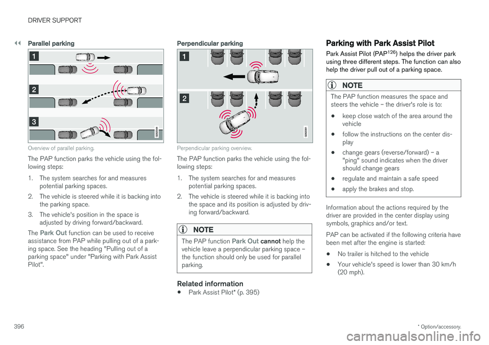 VOLVO XC90 T8 2018 Owner´s Manual ||
DRIVER SUPPORT
* Option/accessory.
396
Parallel parking
Overview of parallel parking.
The PAP function parks the vehicle using the fol- lowing steps:
1. The system searches for and measures
potent VOLVO XC90 T8 2018 Owner´s Manual ||
DRIVER SUPPORT
* Option/accessory.
396
Parallel parking
Overview of parallel parking.
The PAP function parks the vehicle using the fol- lowing steps:
1. The system searches for and measures
potent