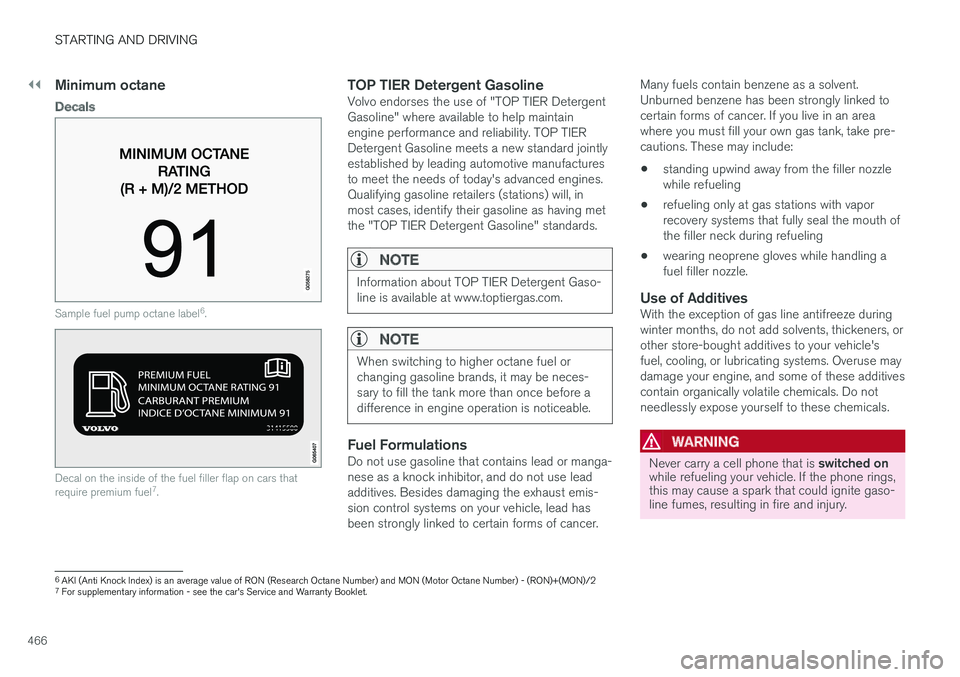 VOLVO XC90 T8 2018 Owner´s Manual ||
STARTING AND DRIVING
466
Minimum octane
Decals
Sample fuel pump octane label6
.
Decal on the inside of the fuel filler flap on cars that require premium fuel 7
.
TOP TIER Detergent GasolineVolvo en VOLVO XC90 T8 2018 Owner´s Manual ||
STARTING AND DRIVING
466
Minimum octane
Decals
Sample fuel pump octane label6
.
Decal on the inside of the fuel filler flap on cars that require premium fuel 7
.
TOP TIER Detergent GasolineVolvo en