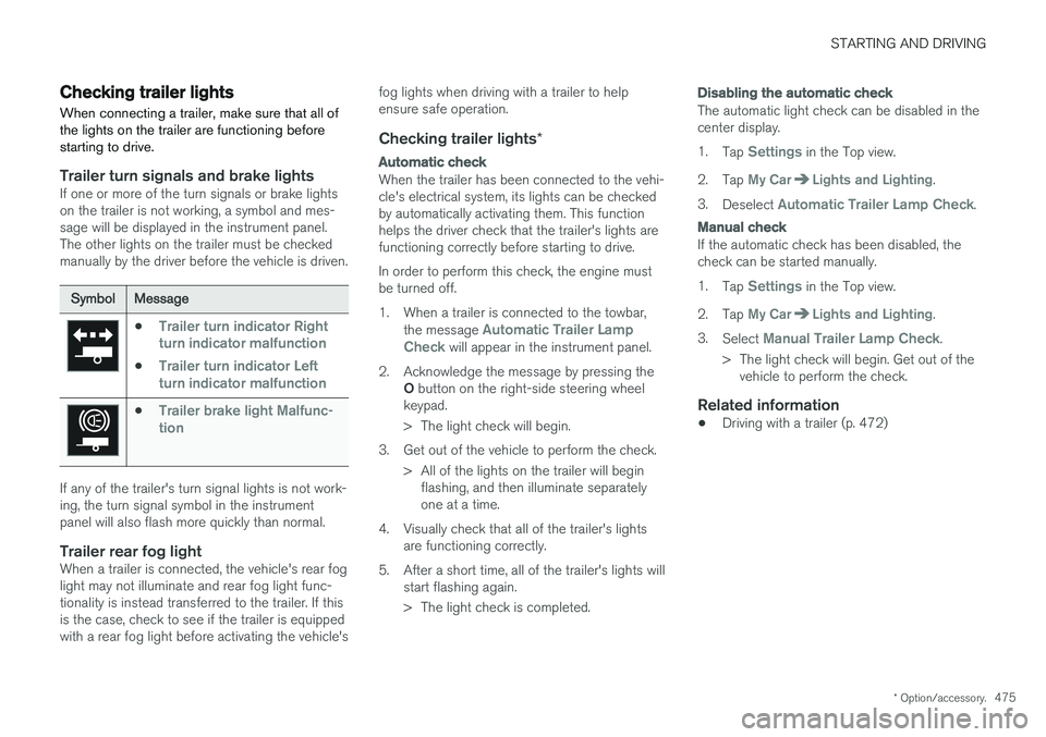 VOLVO XC90 T8 2018  Owner´s Manual STARTING AND DRIVING
* Option/accessory.475
Checking trailer lights
When connecting a trailer, make sure that all of the lights on the trailer are functioning beforestarting to drive.
Trailer turn sig