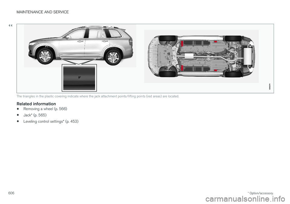 VOLVO XC90 T8 2018 Owner´s Manual ||
MAINTENANCE AND SERVICE
* Option/accessory.
606
The triangles in the plastic covering indicate where the jack attachment points/lifting points (red areas) are located.
Related information
• Remov VOLVO XC90 T8 2018 Owner´s Manual ||
MAINTENANCE AND SERVICE
* Option/accessory.
606
The triangles in the plastic covering indicate where the jack attachment points/lifting points (red areas) are located.
Related information
• Remov