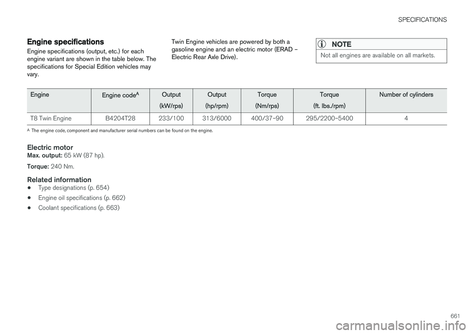 VOLVO XC90 T8 2018 Owner´s Manual SPECIFICATIONS
661
Engine specificationsEngine specifications (output, etc.) for each engine variant are shown in the table below. Thespecifications for Special Edition vehicles mayvary. Twin Engine v VOLVO XC90 T8 2018 Owner´s Manual SPECIFICATIONS
661
Engine specificationsEngine specifications (output, etc.) for each engine variant are shown in the table below. Thespecifications for Special Edition vehicles mayvary. Twin Engine v