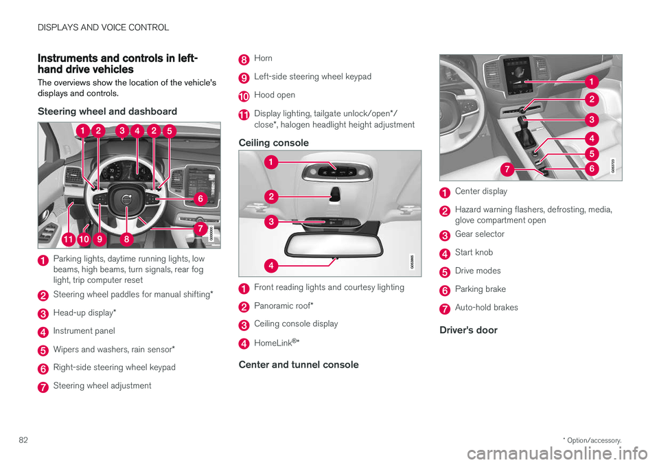 VOLVO XC90 T8 2018 Owner´s Manual DISPLAYS AND VOICE CONTROL
* Option/accessory.
82
Instruments and controls in left-hand drive vehicles
The overviews show the location of the vehicles
displays and controls.
Steering wheel and dashbo VOLVO XC90 T8 2018 Owner´s Manual DISPLAYS AND VOICE CONTROL
* Option/accessory.
82
Instruments and controls in left-hand drive vehicles
The overviews show the location of the vehicles
displays and controls.
Steering wheel and dashbo