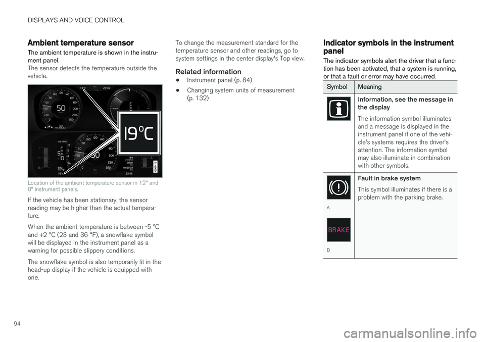 VOLVO XC90 T8 2018 Owner´s Manual DISPLAYS AND VOICE CONTROL
94
Ambient temperature sensor
The ambient temperature is shown in the instru- ment panel.
The sensor detects the temperature outside the vehicle.
Location of the ambient tem VOLVO XC90 T8 2018 Owner´s Manual DISPLAYS AND VOICE CONTROL
94
Ambient temperature sensor
The ambient temperature is shown in the instru- ment panel.
The sensor detects the temperature outside the vehicle.
Location of the ambient tem