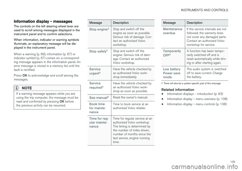 VOLVO S60 2017  Owner´s Manual INSTRUMENTS AND CONTROLS
109
Information display – messagesThe controls on the left steering wheel lever are used to scroll among messages displayed in theinstrument panel and to confirm selections.