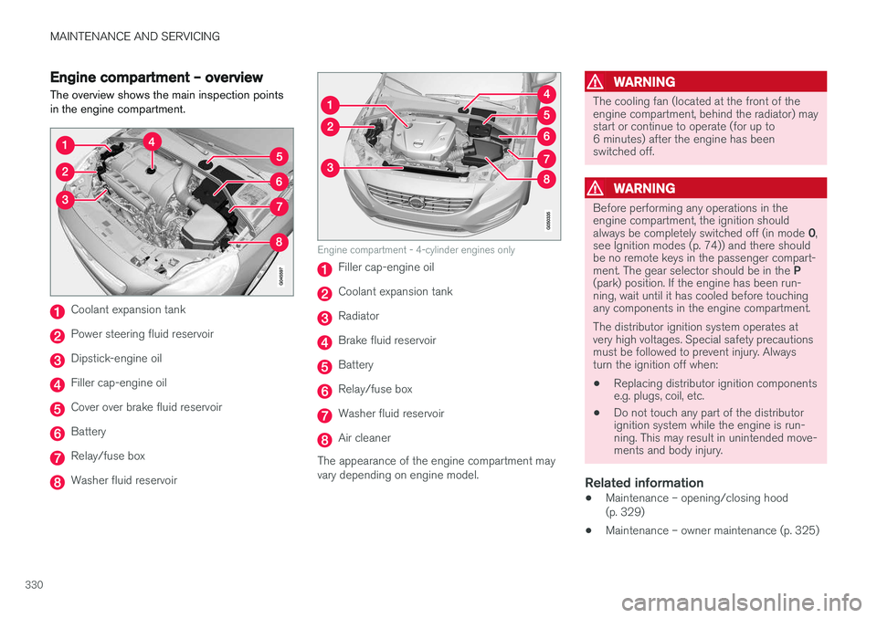 VOLVO S60 2017  Owner´s Manual MAINTENANCE AND SERVICING
330
Engine compartment – overviewThe overview shows the main inspection points in the engine compartment.
Coolant expansion tank
Power steering fluid reservoir
Dipstick-eng