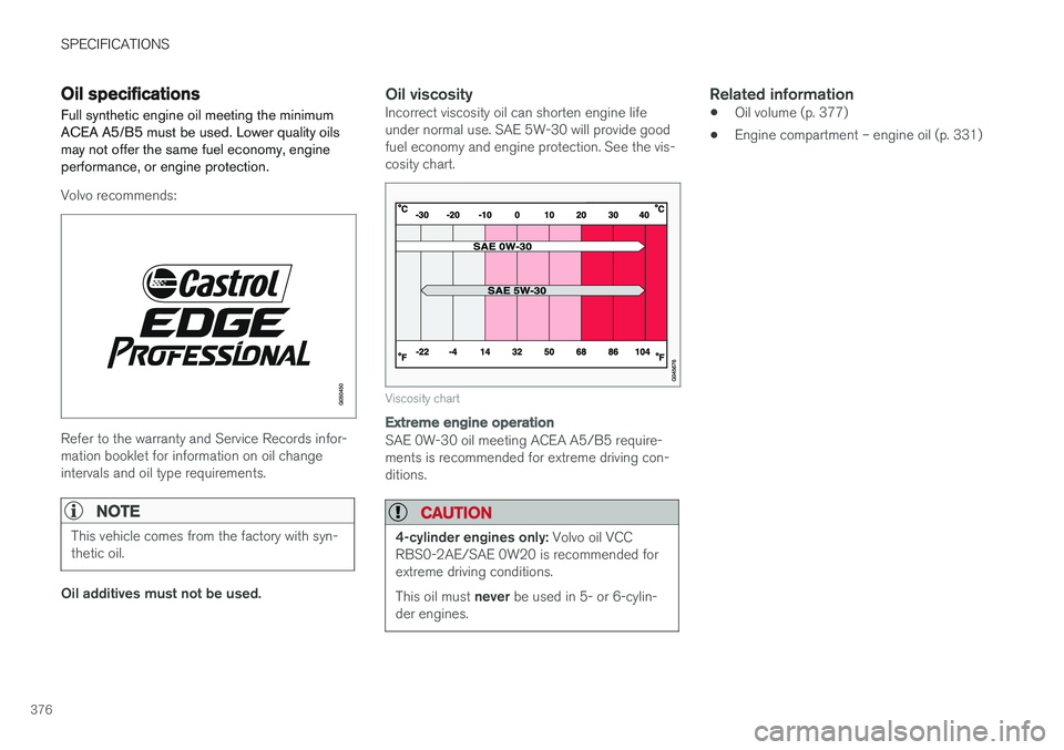 VOLVO S60 2017  Owner´s Manual SPECIFICATIONS
376
Oil specifications
Full synthetic engine oil meeting the minimum 
ACEA A5/B5 must be used. Lower quality oils may not offer the same fuel economy, engineperformance, or engine prote